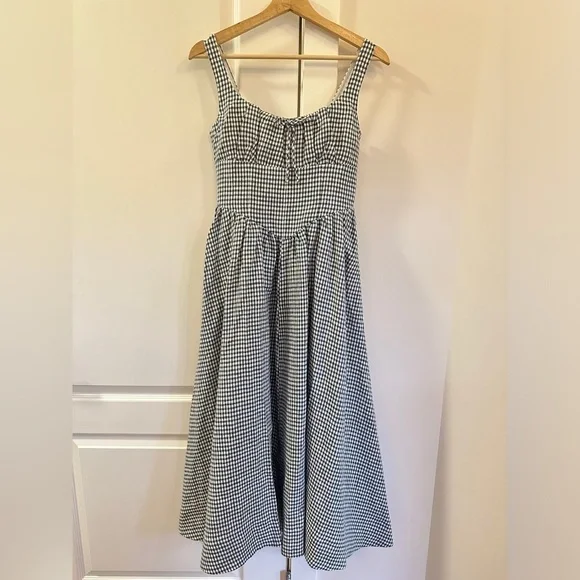 NEW Reformation Balia Midi Linen Dress in Slate Check Plaid Navy White | size 2 - Picture 9 of 16